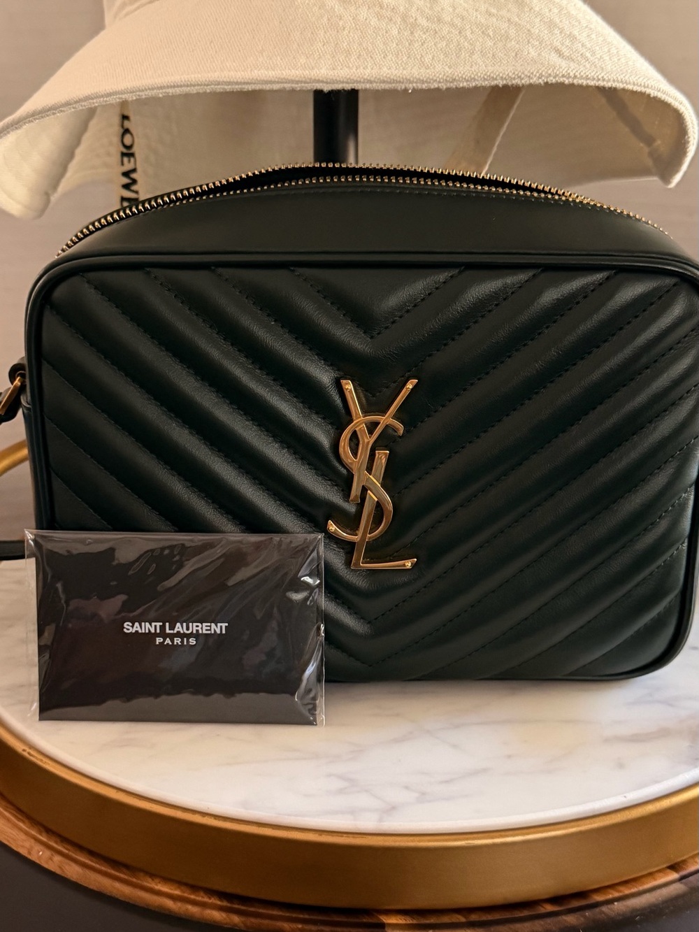 Saint Laurent Chevron Quilted Camera Bag - Army green with Gold Hardware